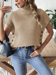 Solid Button High Neck Elegant Knitted Cape Vest Sweater