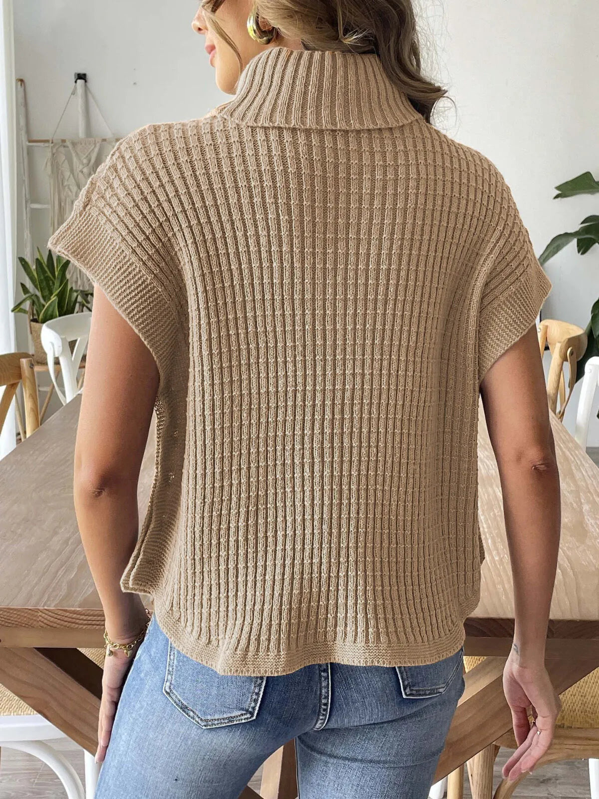 Solid Button High Neck Elegant Knitted Cape Vest Sweater