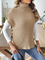 Solid Button High Neck Elegant Knitted Cape Vest Sweater