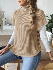Solid Button High Neck Elegant Knitted Cape Vest Sweater