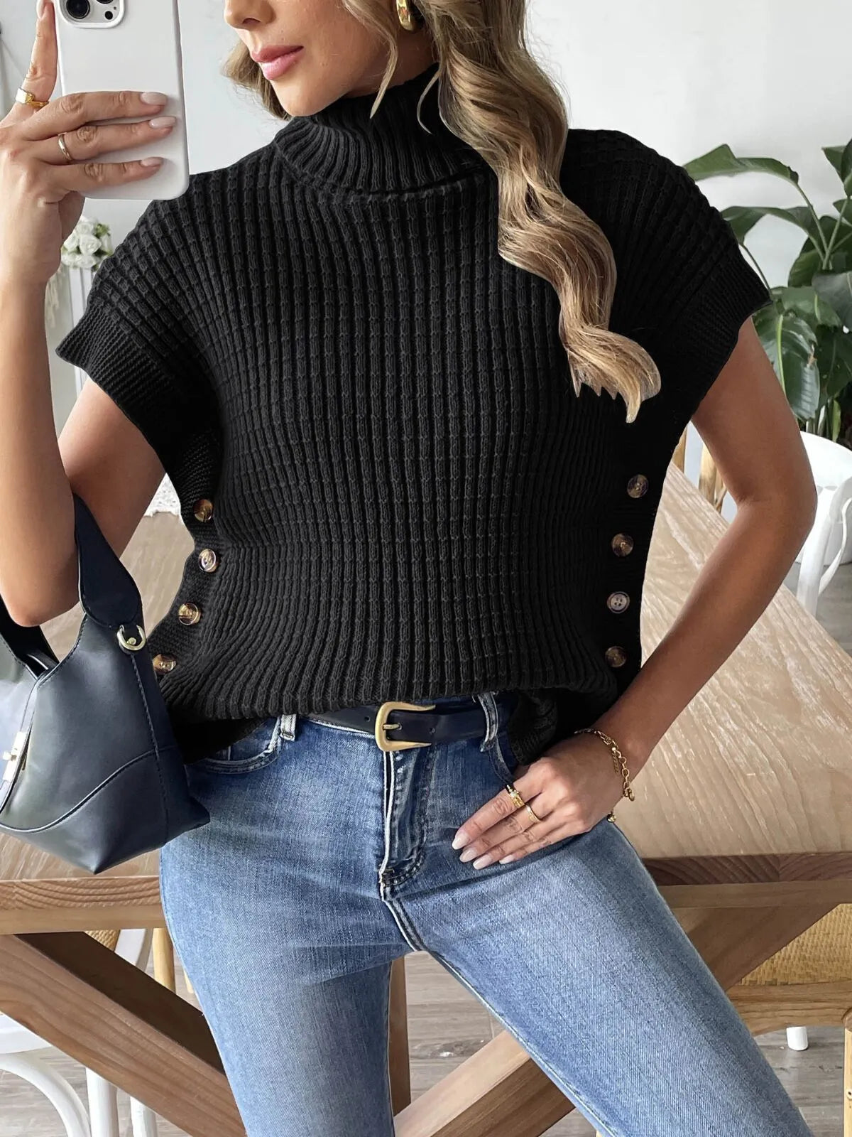 Solid Button High Neck Elegant Knitted Cape Vest Sweater