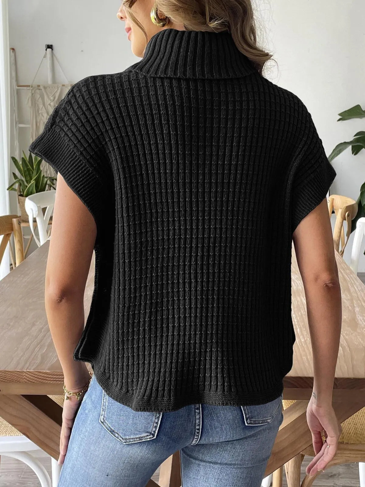 Solid Button High Neck Elegant Knitted Cape Vest Sweater