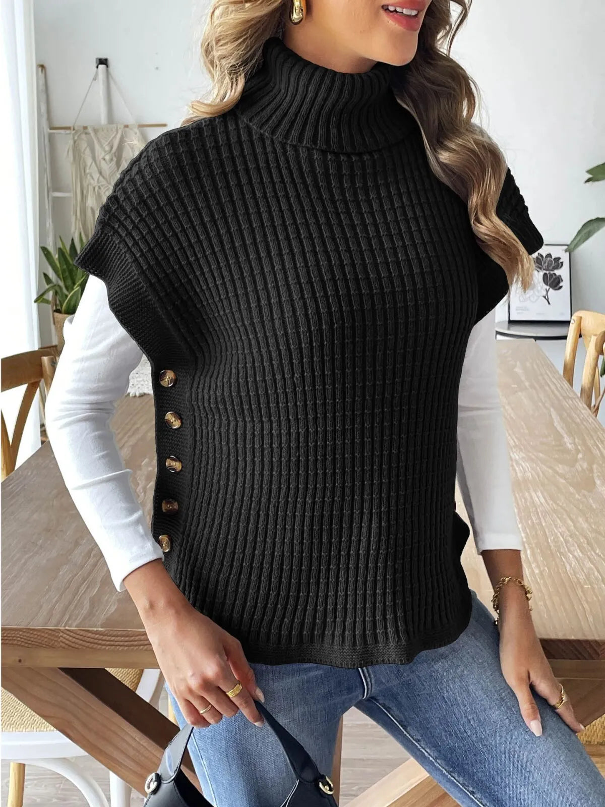 Solid Button High Neck Elegant Knitted Cape Vest Sweater