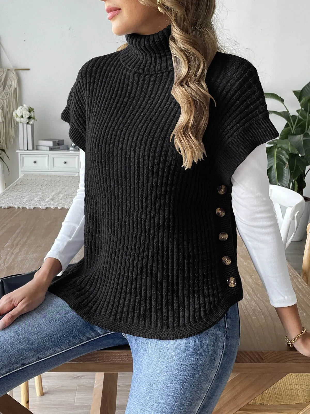 Solid Button High Neck Elegant Knitted Cape Vest Sweater