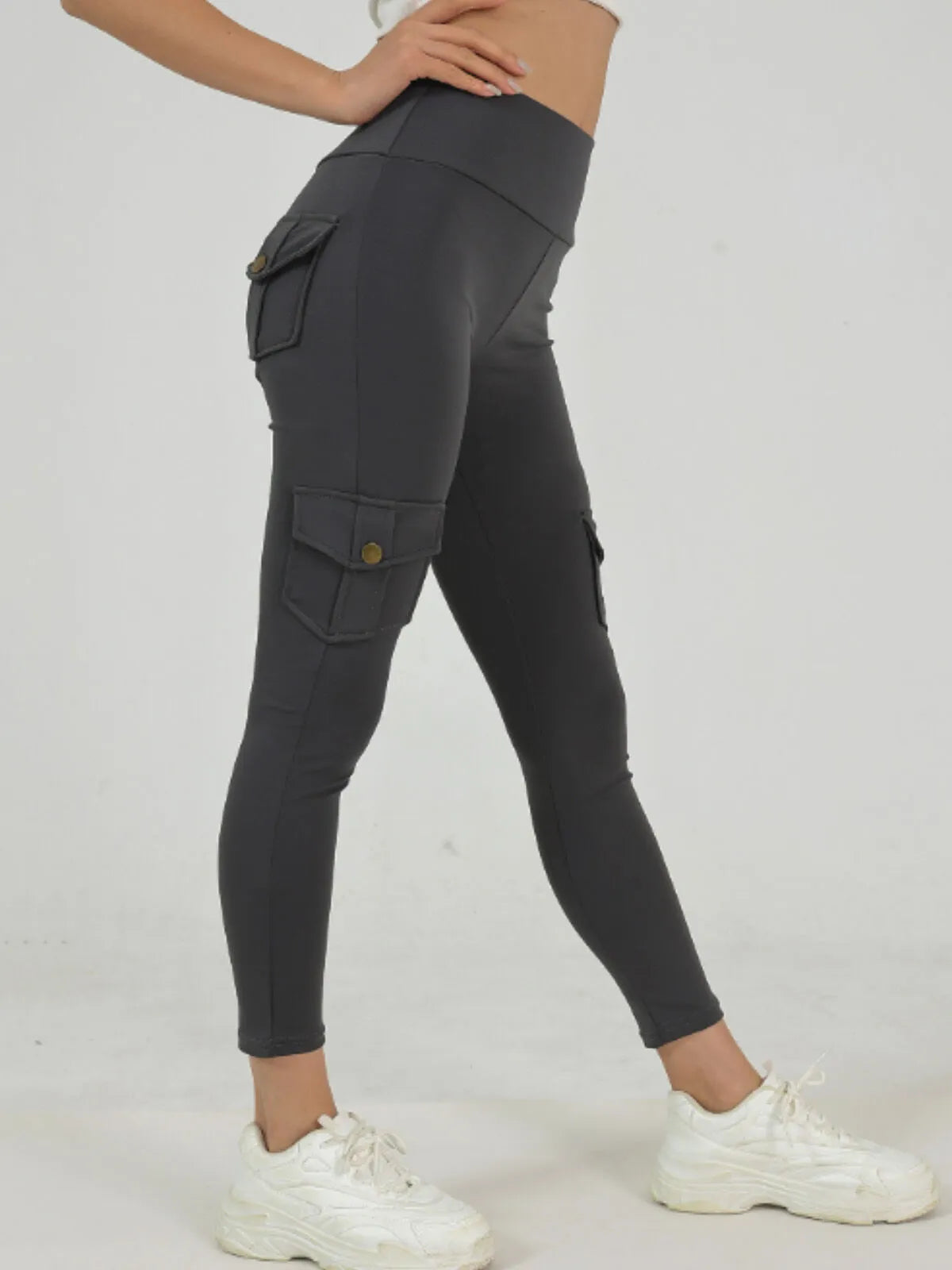 Solid Button High Rise Elastic Waist Cargo Pants