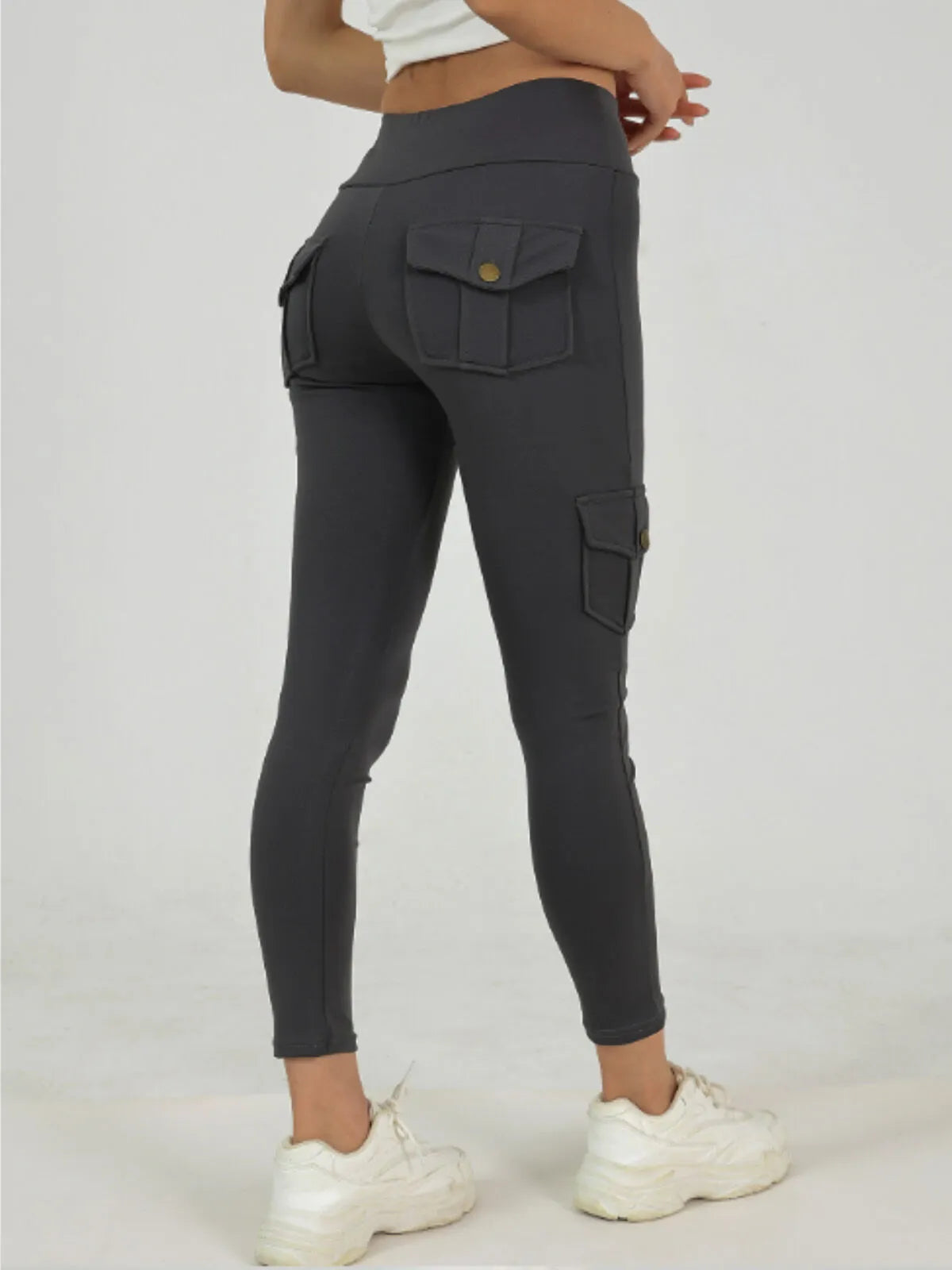 Solid Button High Rise Elastic Waist Cargo Pants