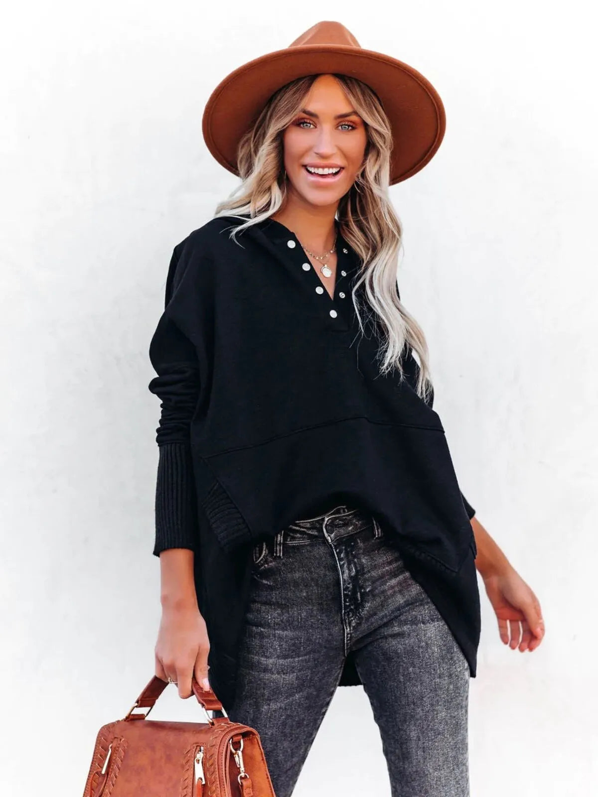 Solid Button V-neck Henley Pullover Hooded Casual Oversized Hoodie