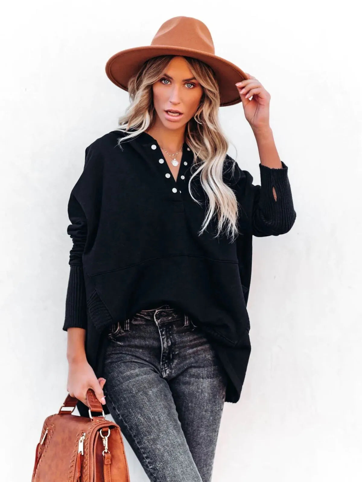 Solid Button V-neck Henley Pullover Hooded Casual Oversized Hoodie