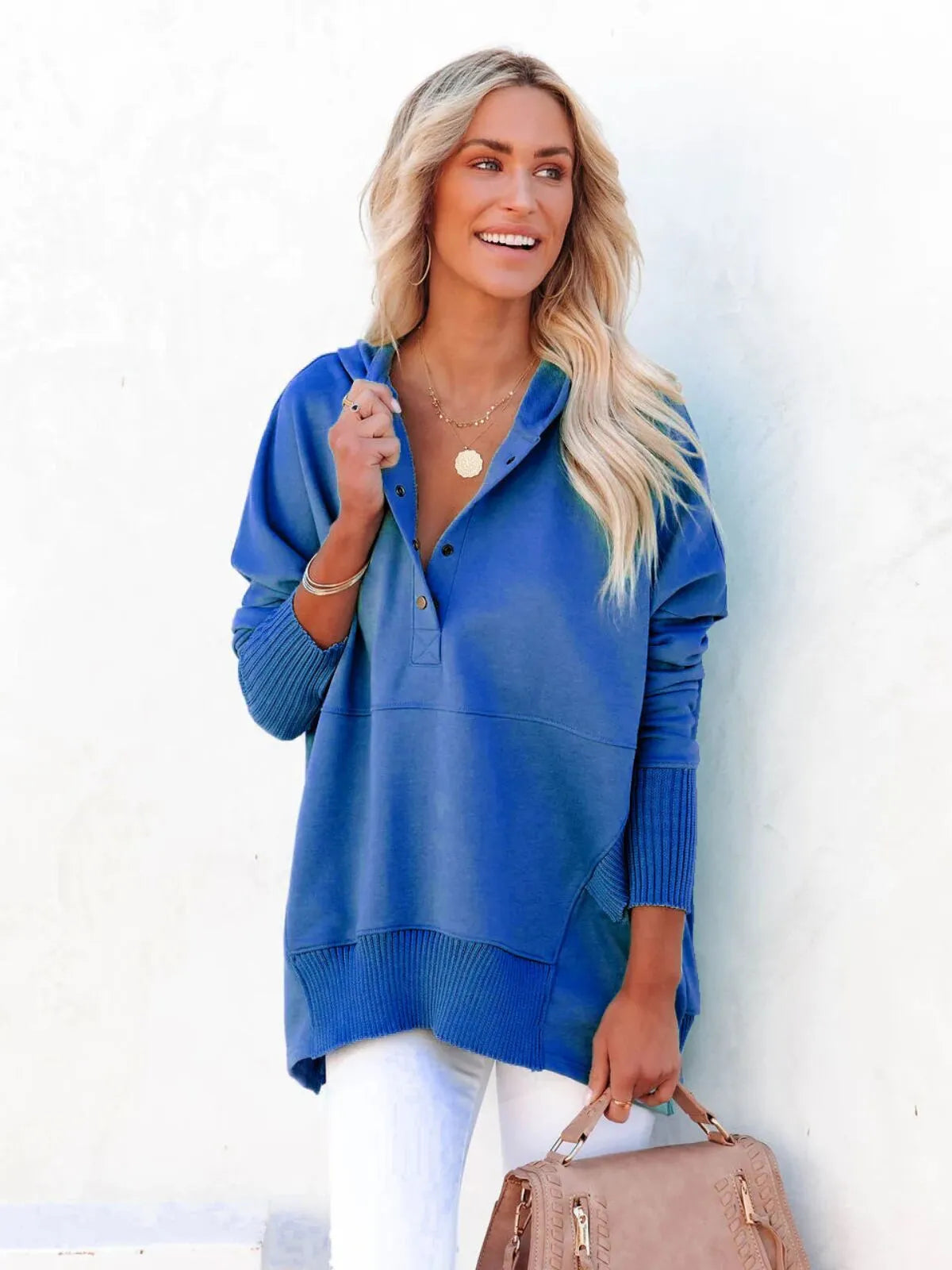 Solid Button V-neck Henley Pullover Hooded Casual Oversized Hoodie