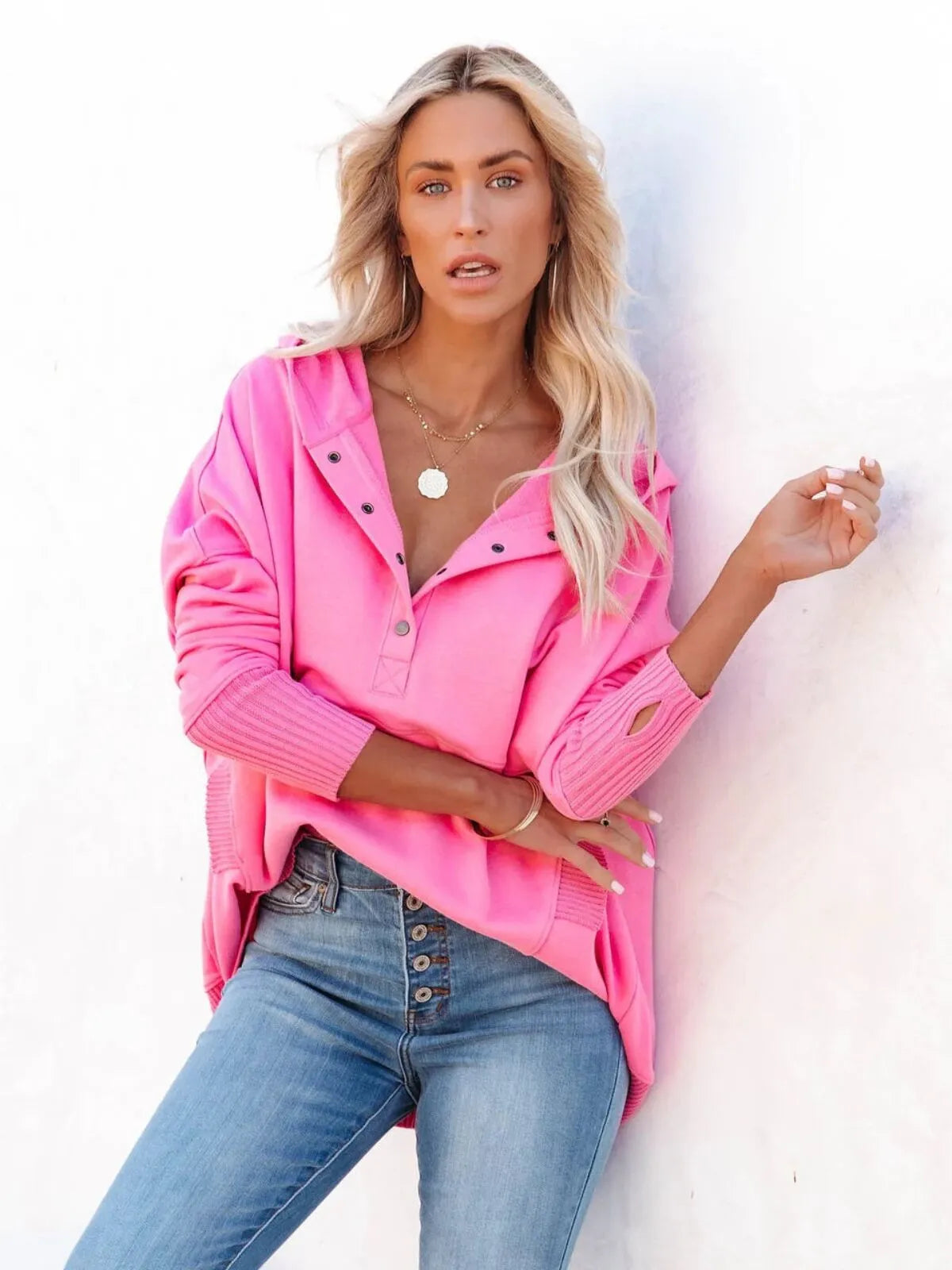 Solid Button V-neck Henley Pullover Hooded Casual Oversized Hoodie