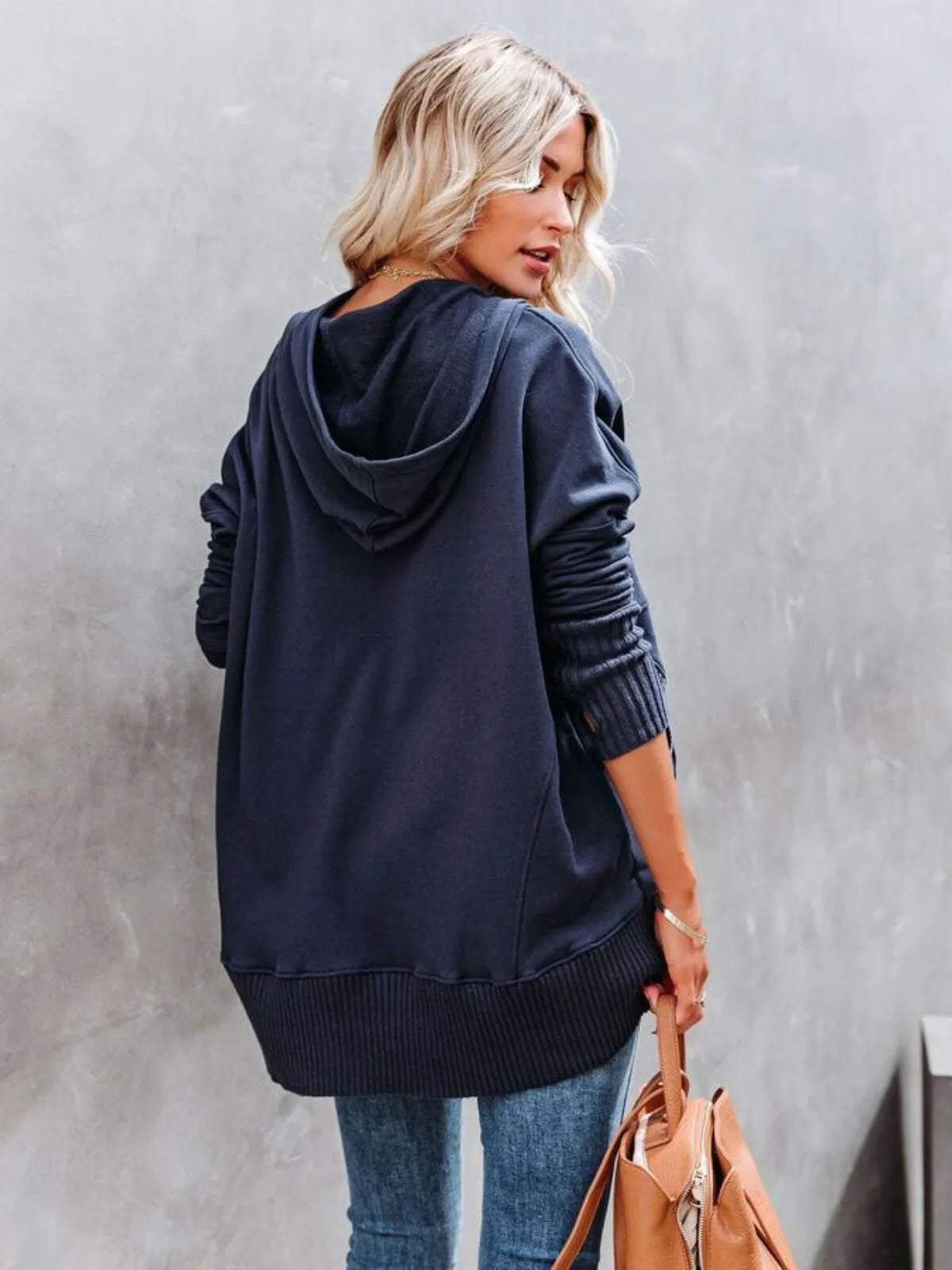 Solid Button V-neck Henley Pullover Hooded Casual Oversized Hoodie