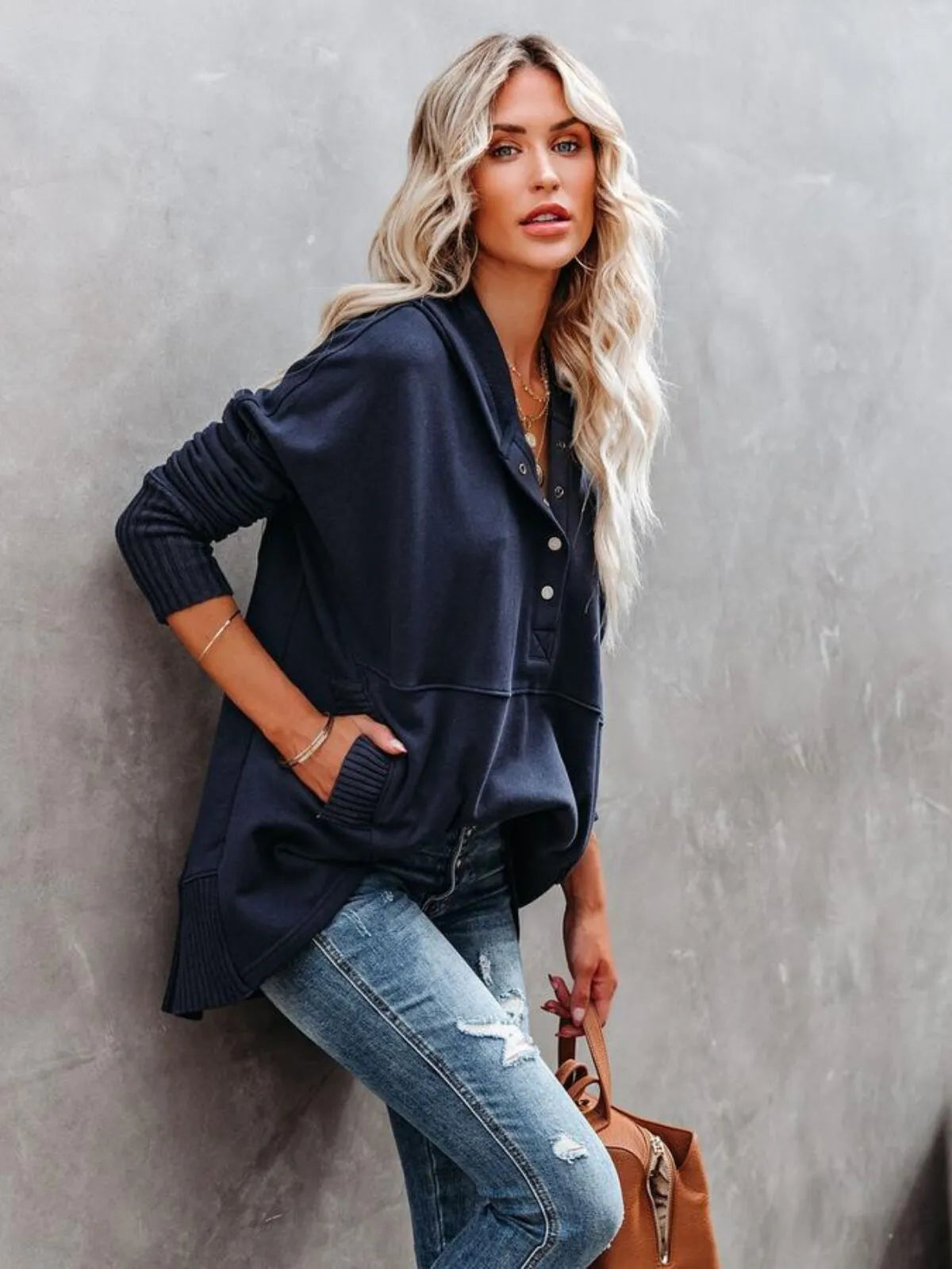 Solid Button V-neck Henley Pullover Hooded Casual Oversized Hoodie