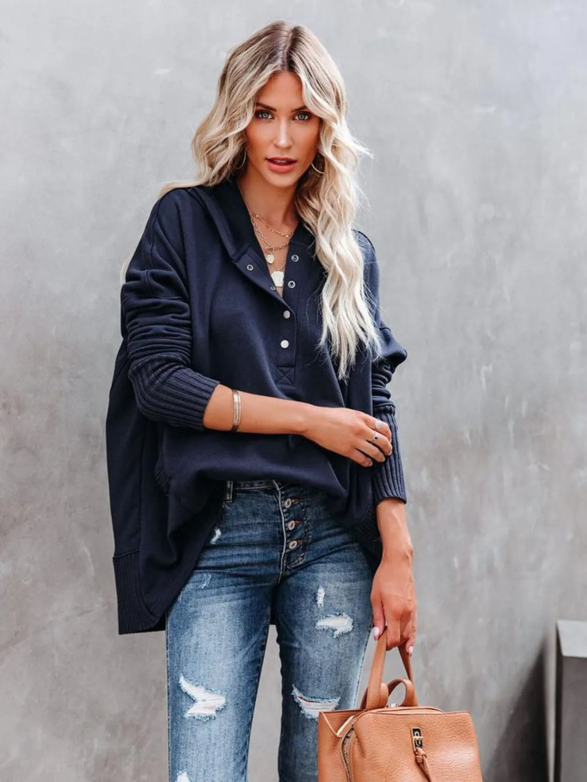 Solid Button V-neck Henley Pullover Hooded Casual Oversized Hoodie