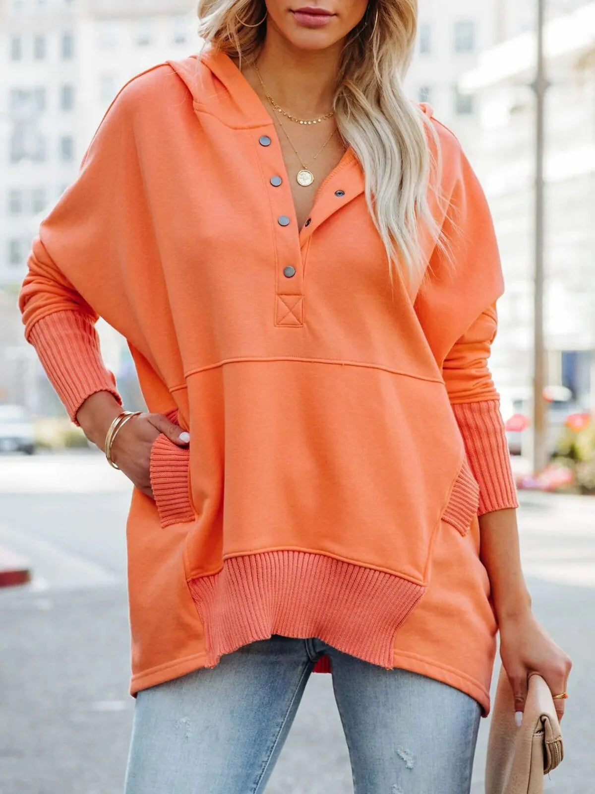 Solid Button V-neck Henley Pullover Hooded Casual Oversized Hoodie