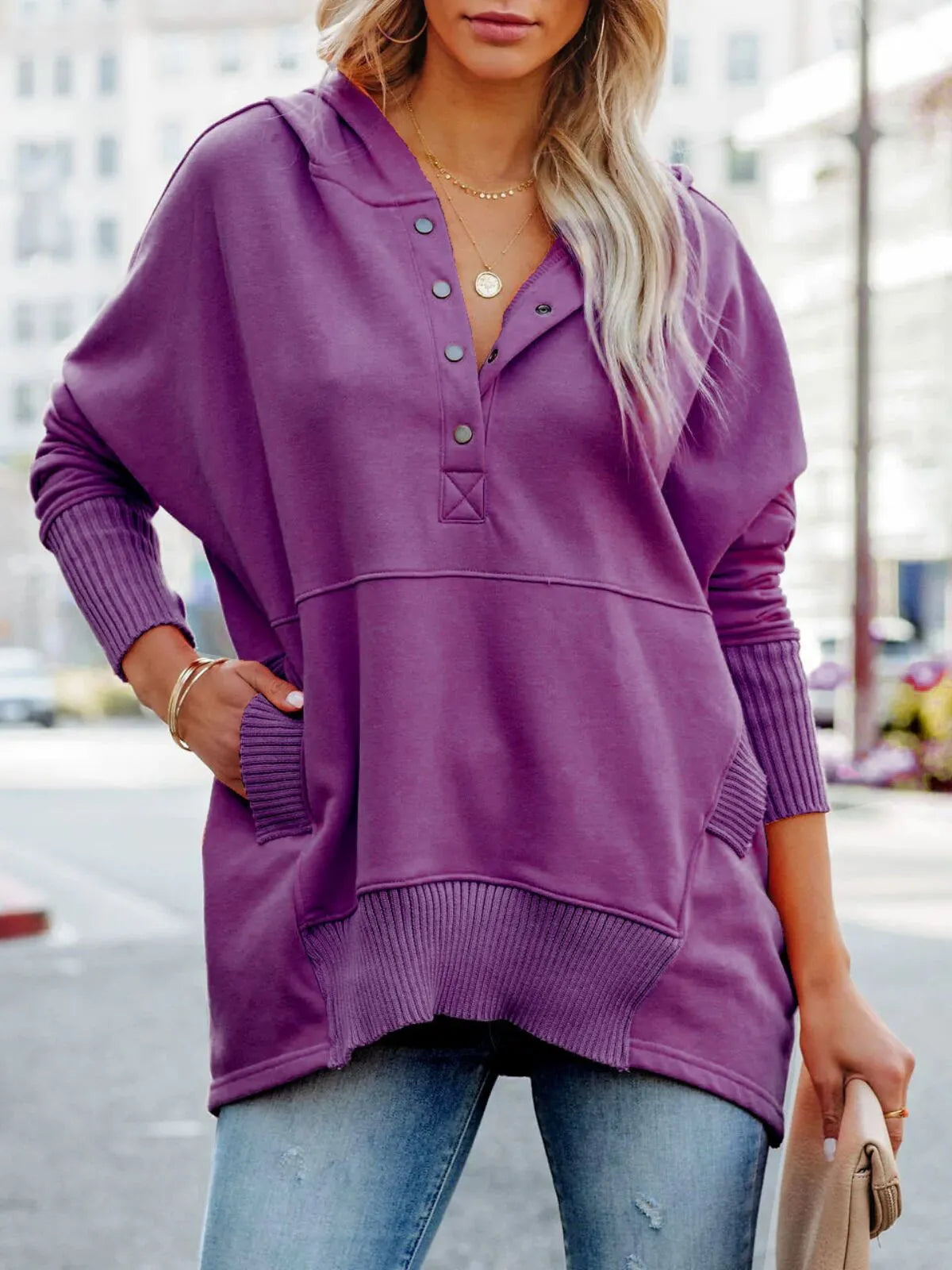 Solid Button V-neck Henley Pullover Hooded Casual Oversized Hoodie