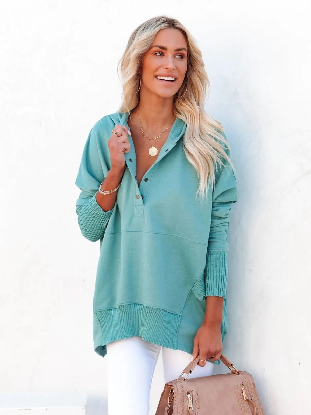 Solid Button V-neck Henley Pullover Hooded Casual Oversized Hoodie
