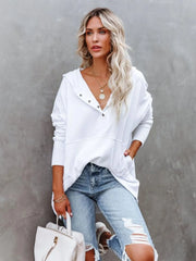 Solid Button V-neck Henley Pullover Hooded Casual Oversized Hoodie