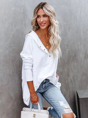 Solid Button V-neck Henley Pullover Hooded Casual Oversized Hoodie