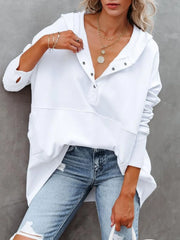 Solid Button V-neck Henley Pullover Hooded Casual Oversized Hoodie