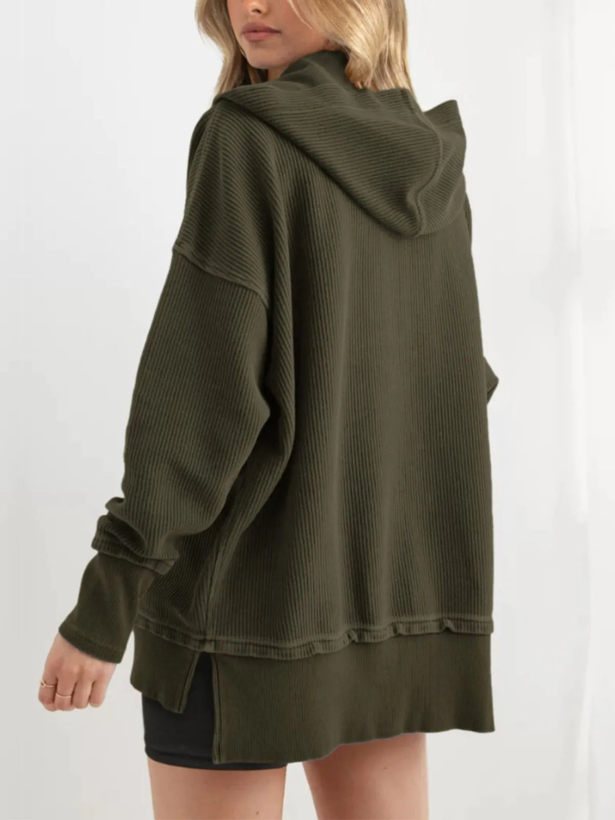 Solid Button V-neck Hooded Side Slit Casual Pullover Sweatshirt