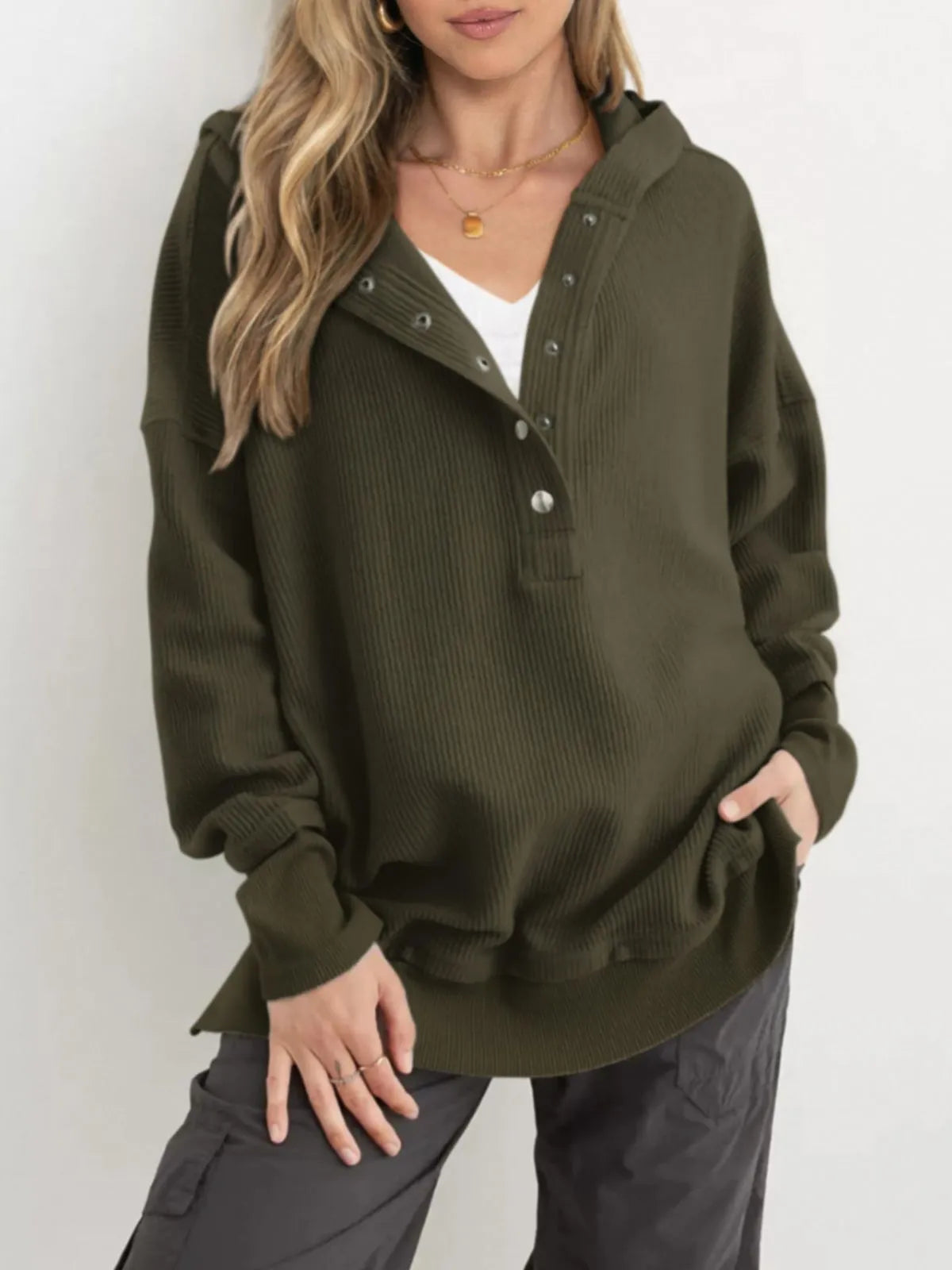 Solid Button V-neck Hooded Side Slit Casual Pullover Sweatshirt