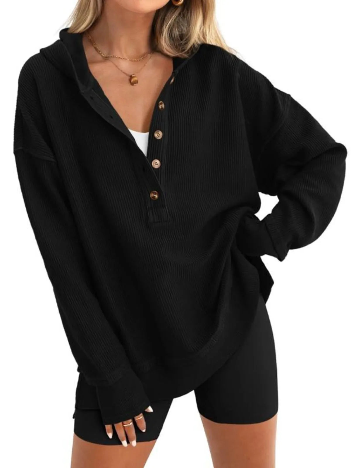 Solid Button V-neck Hooded Side Slit Casual Pullover Sweatshirt