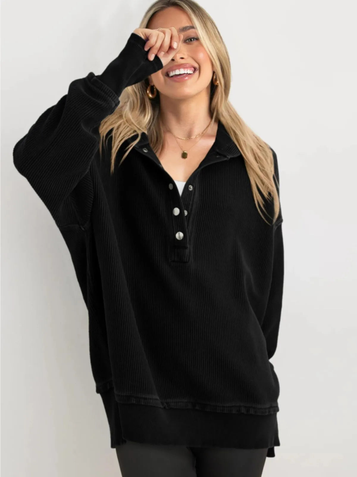 Solid Button V-neck Hooded Side Slit Casual Pullover Sweatshirt