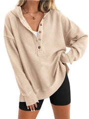 Solid Button V-neck Hooded Side Slit Casual Pullover Sweatshirt