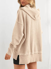Solid Button V-neck Hooded Side Slit Casual Pullover Sweatshirt