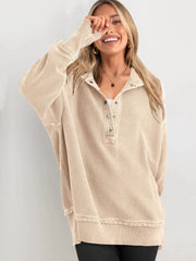 Solid Button V-neck Hooded Side Slit Casual Pullover Sweatshirt
