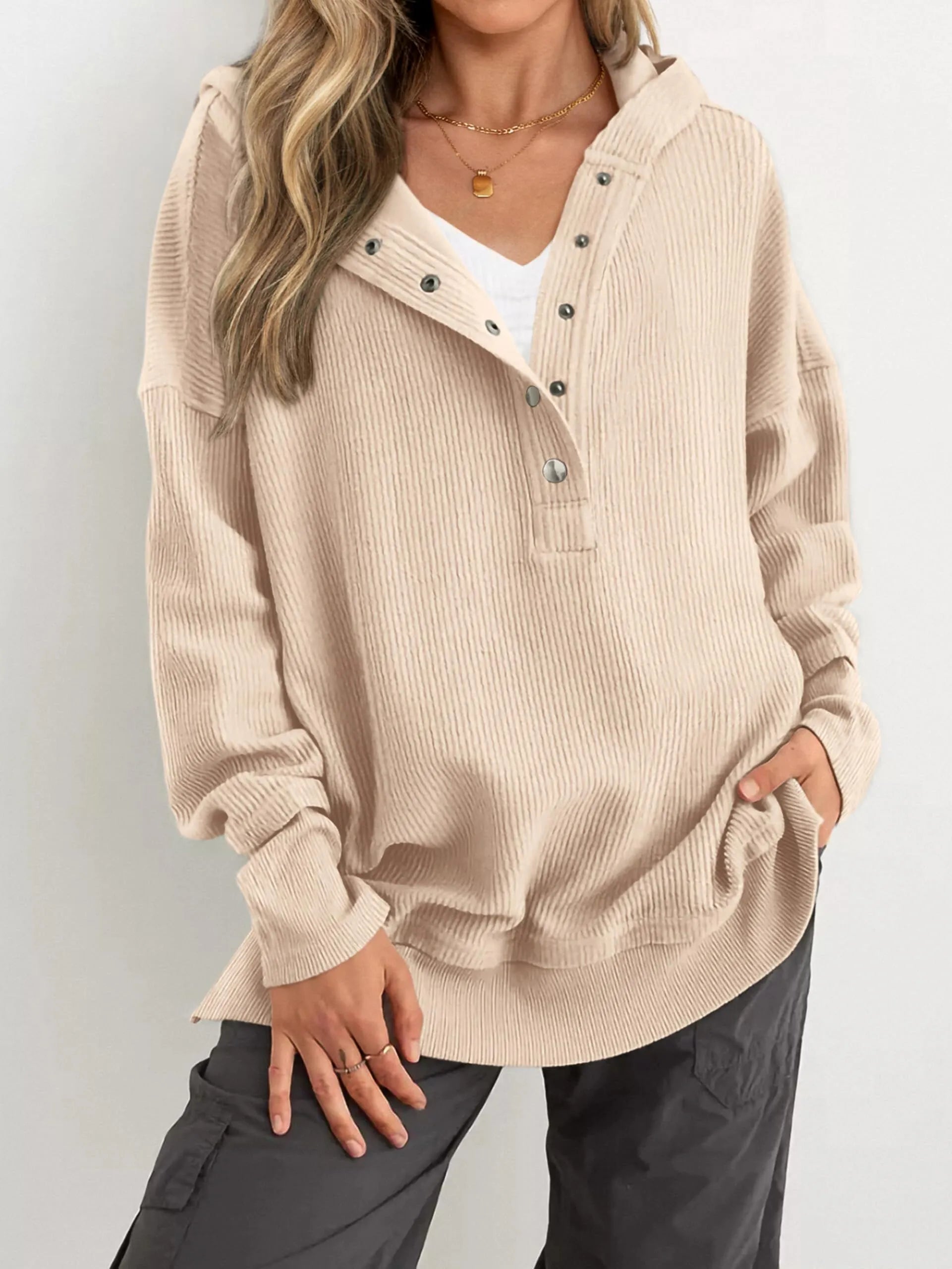 Solid Button V-neck Hooded Side Slit Casual Pullover Sweatshirt