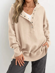 Solid Button V-neck Hooded Side Slit Casual Pullover Sweatshirt