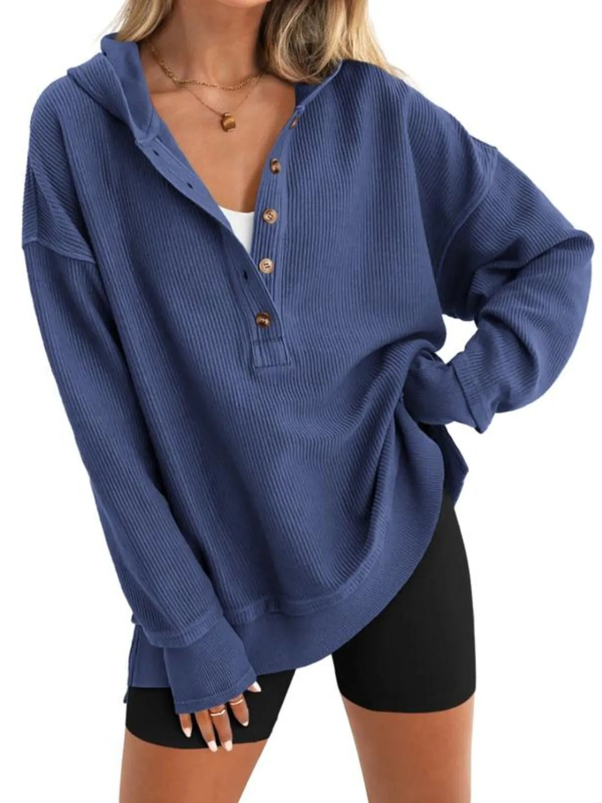 Solid Button V-neck Hooded Side Slit Casual Pullover Sweatshirt