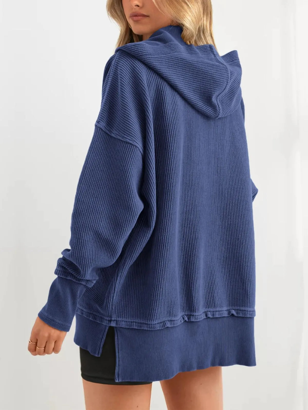 Solid Button V-neck Hooded Side Slit Casual Pullover Sweatshirt