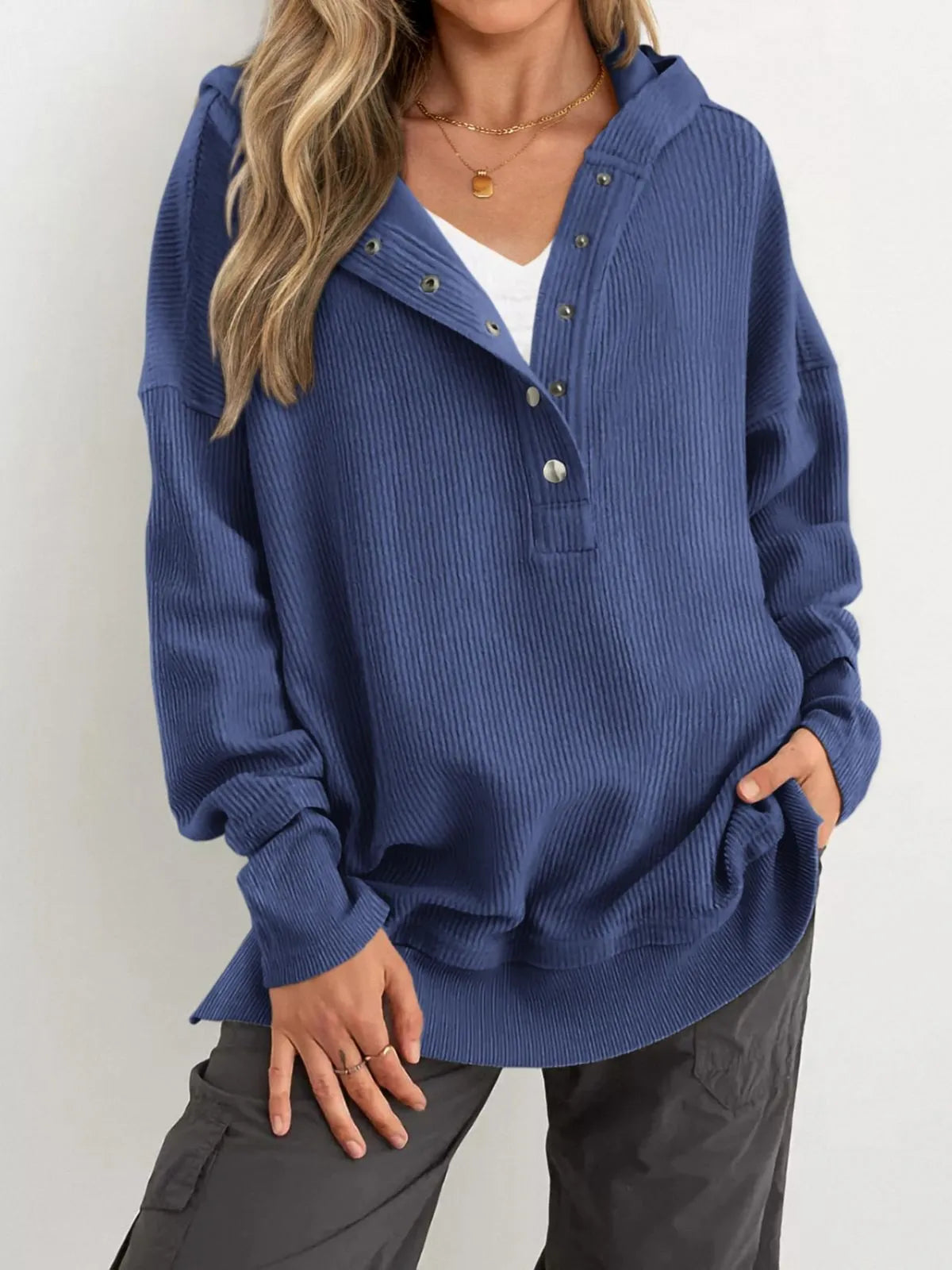 Solid Button V-neck Hooded Side Slit Casual Pullover Sweatshirt