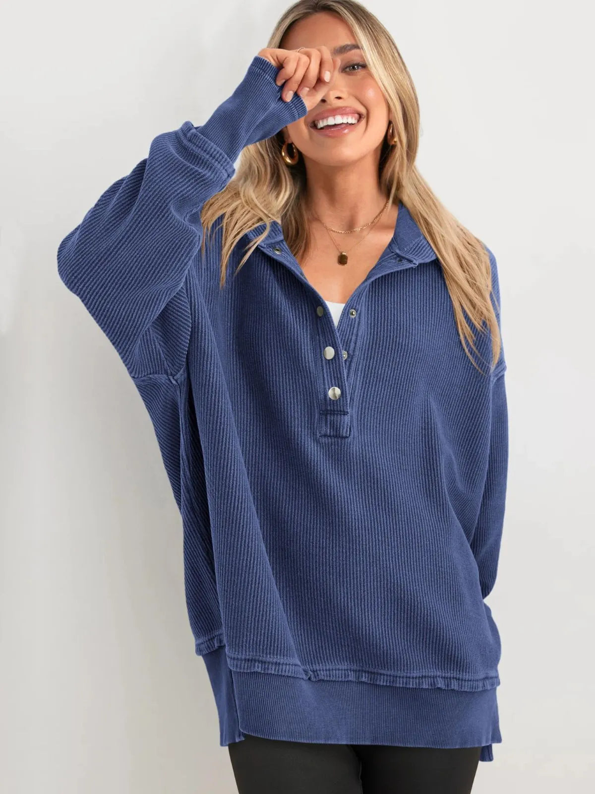 Solid Button V-neck Hooded Side Slit Casual Pullover Sweatshirt