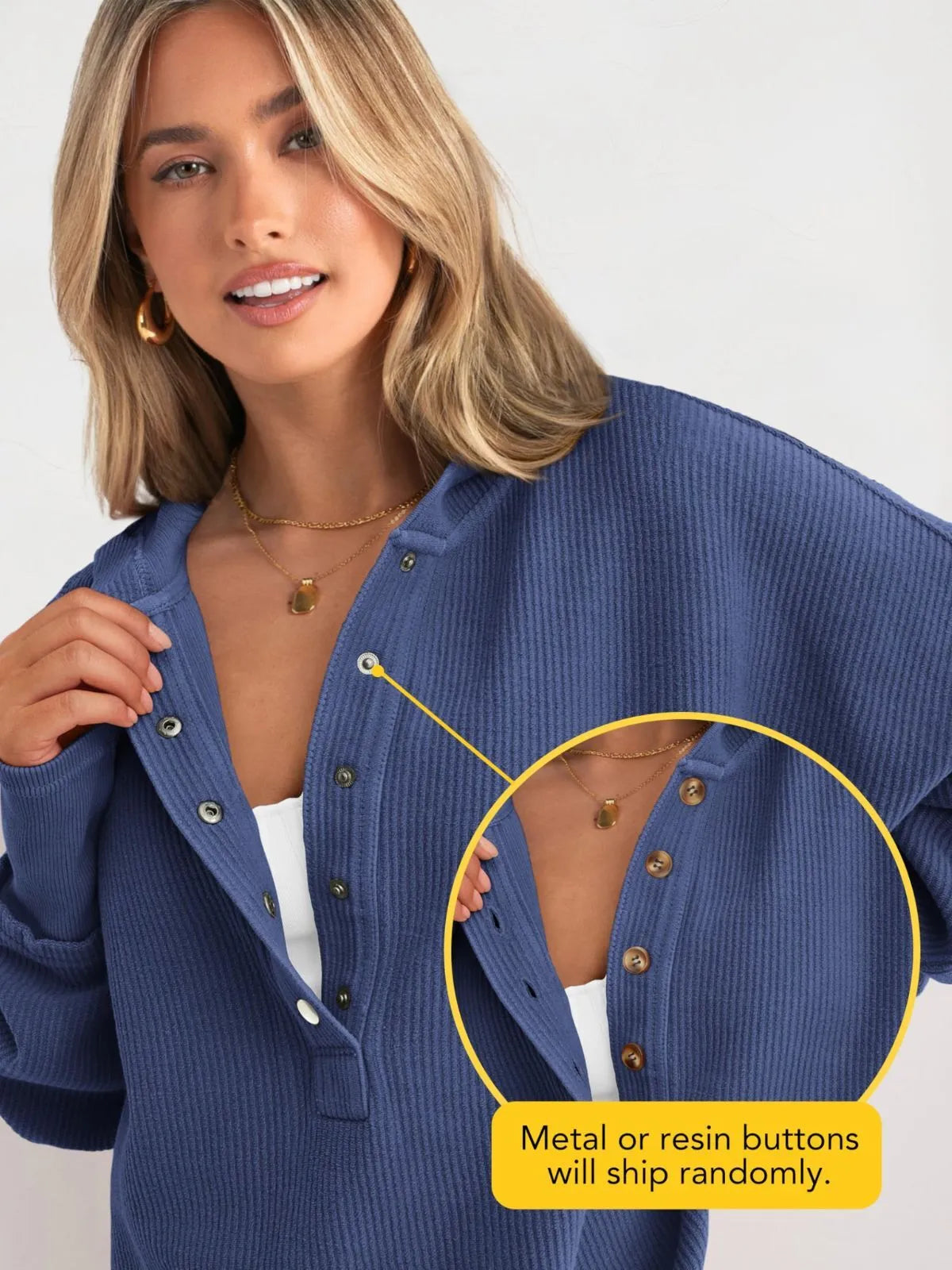 Solid Button V-neck Hooded Side Slit Casual Pullover Sweatshirt