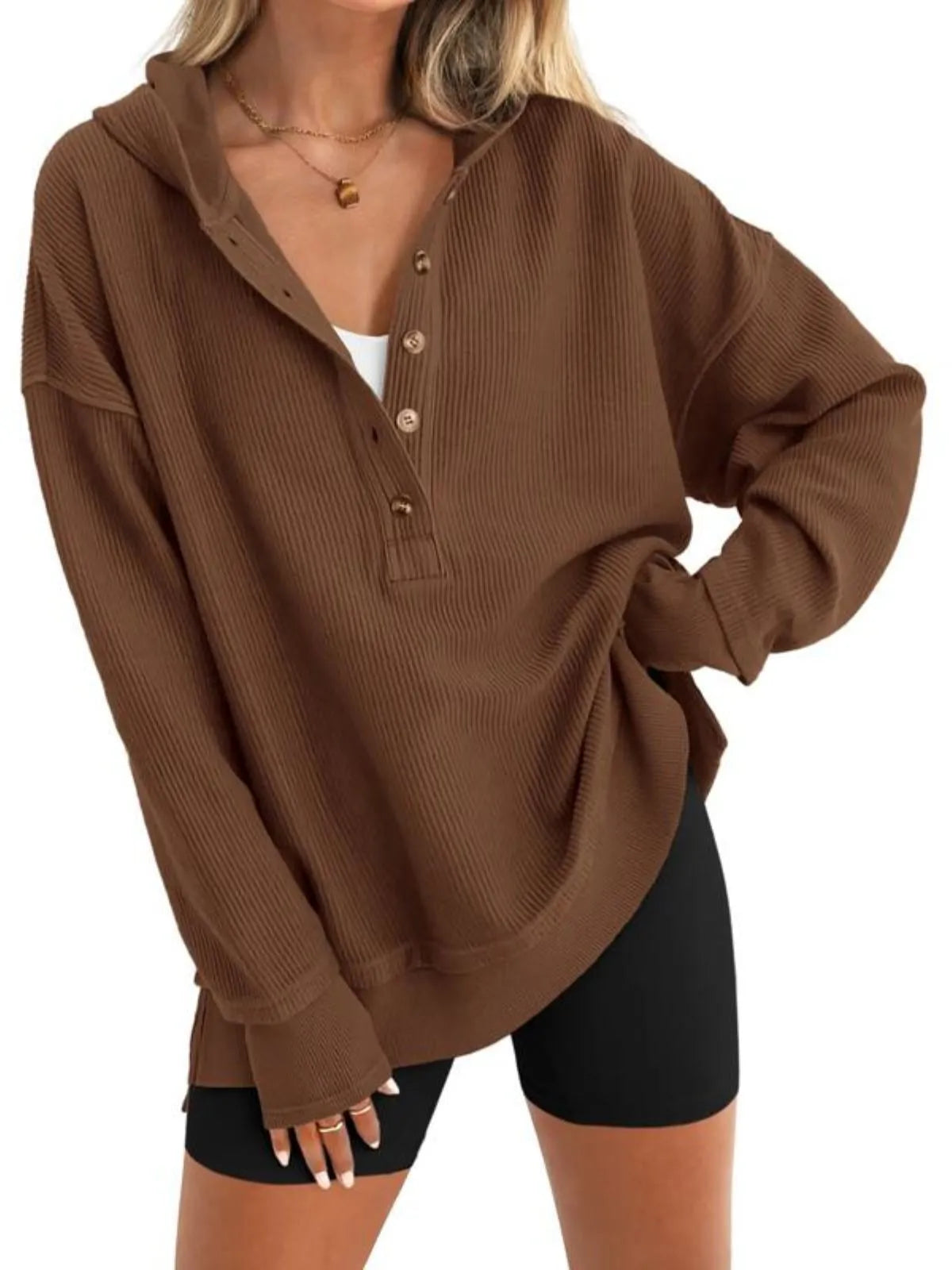 Solid Button V-neck Hooded Side Slit Casual Pullover Sweatshirt