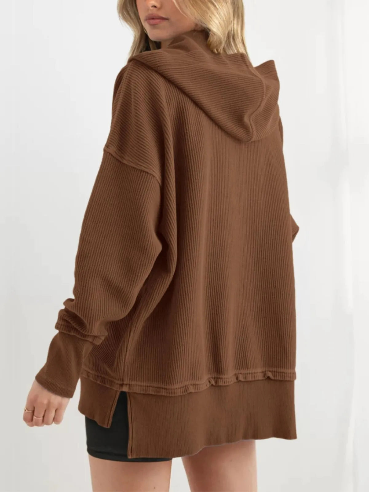 Solid Button V-neck Hooded Side Slit Casual Pullover Sweatshirt
