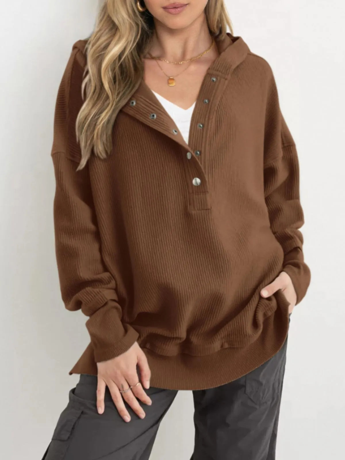 Solid Button V-neck Hooded Side Slit Casual Pullover Sweatshirt