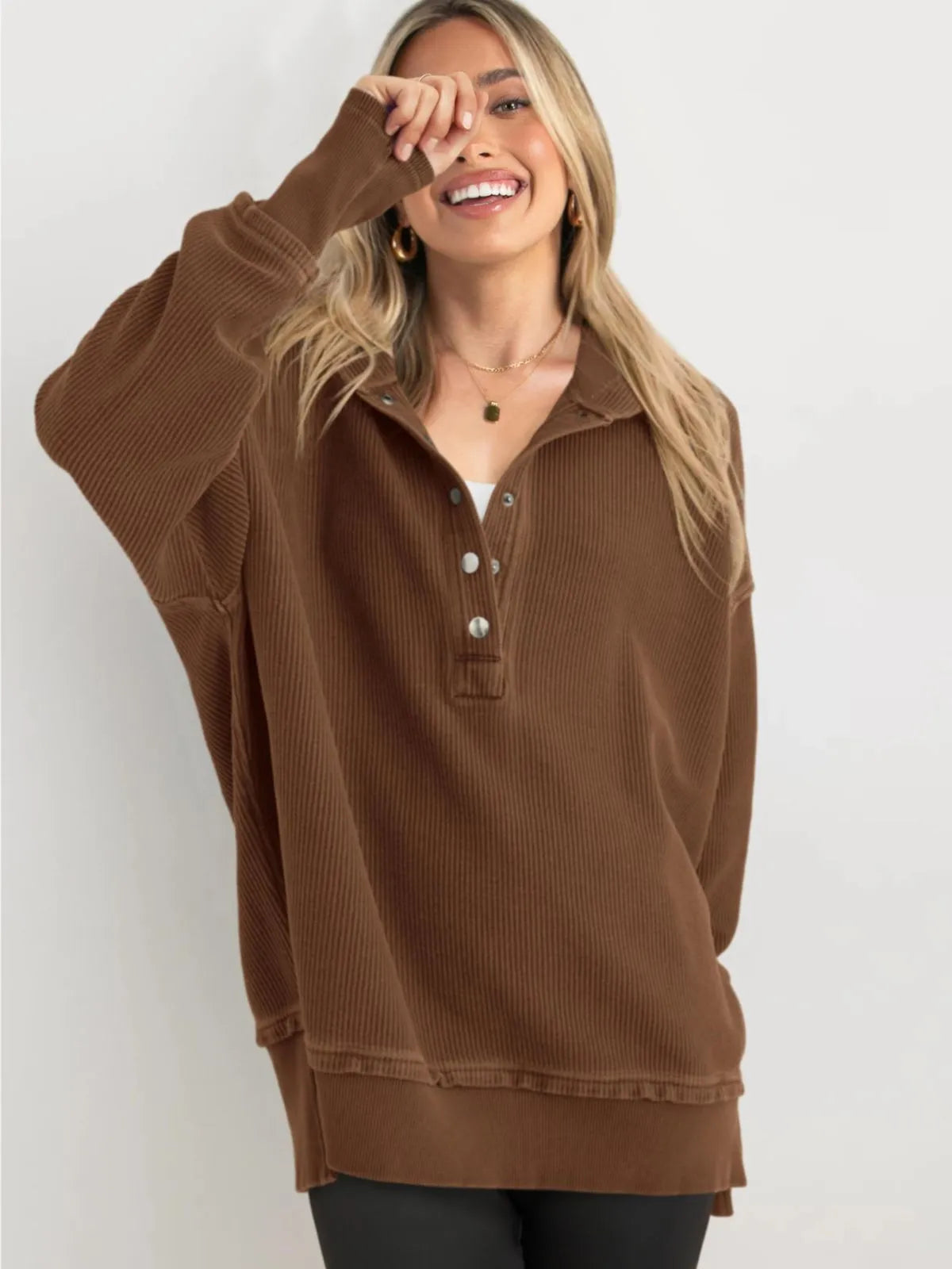 Solid Button V-neck Hooded Side Slit Casual Pullover Sweatshirt