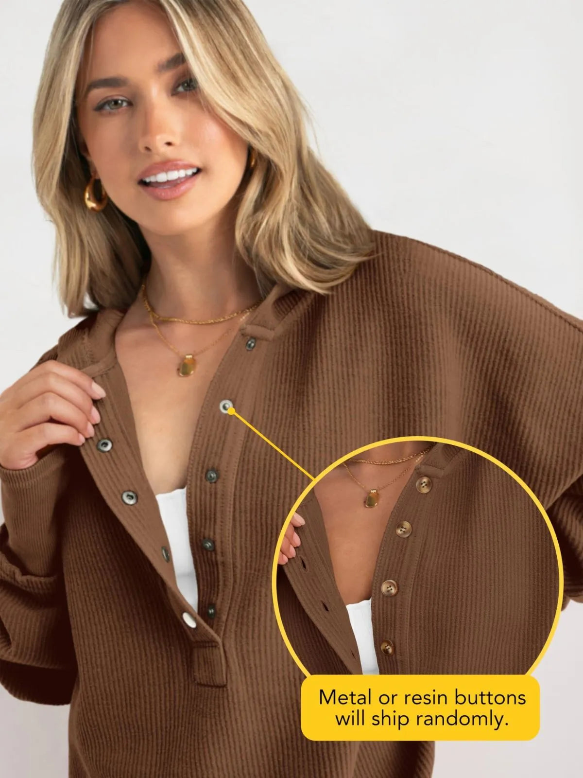 Solid Button V-neck Hooded Side Slit Casual Pullover Sweatshirt