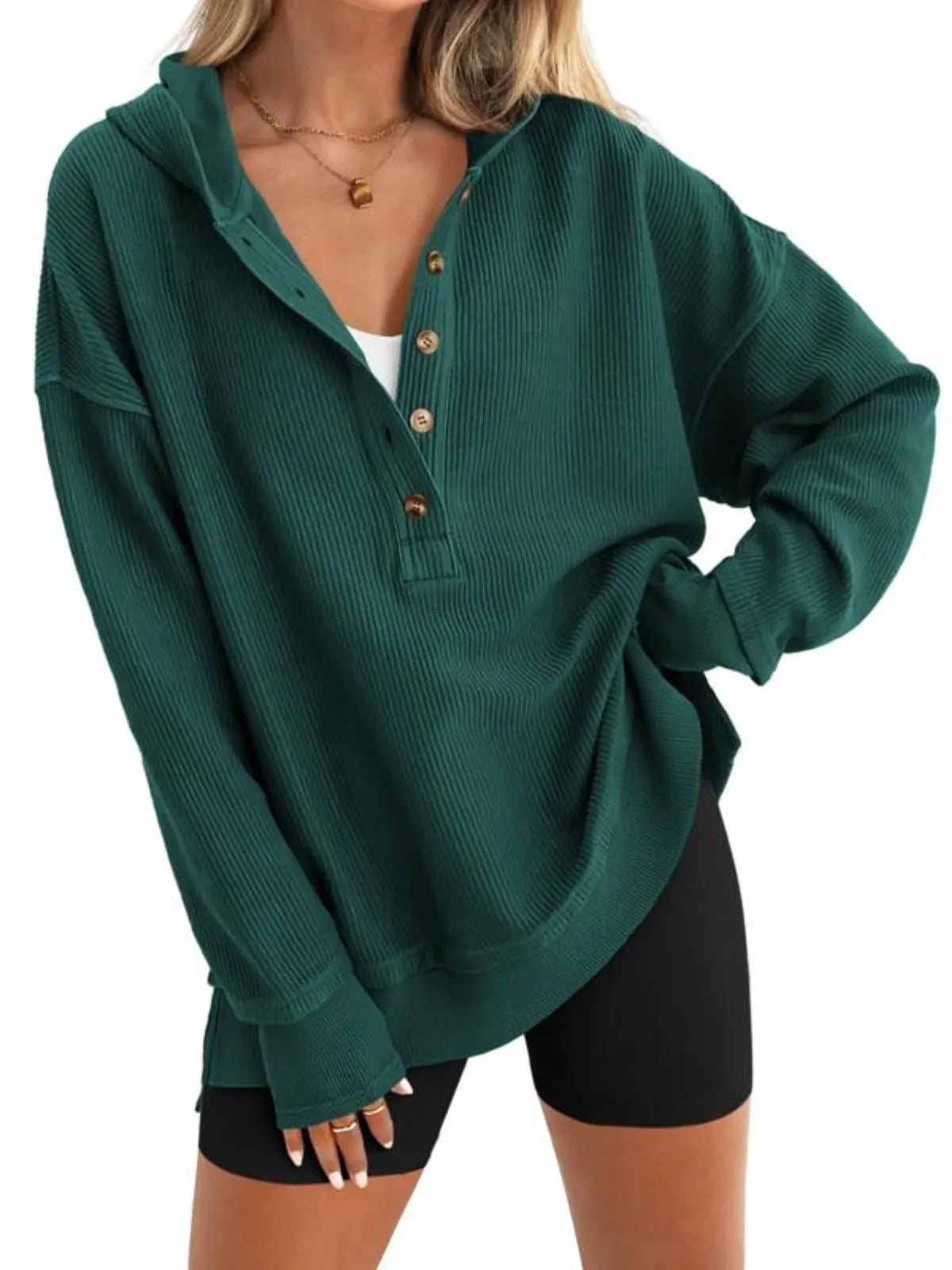 Solid Button V-neck Hooded Side Slit Casual Pullover Sweatshirt