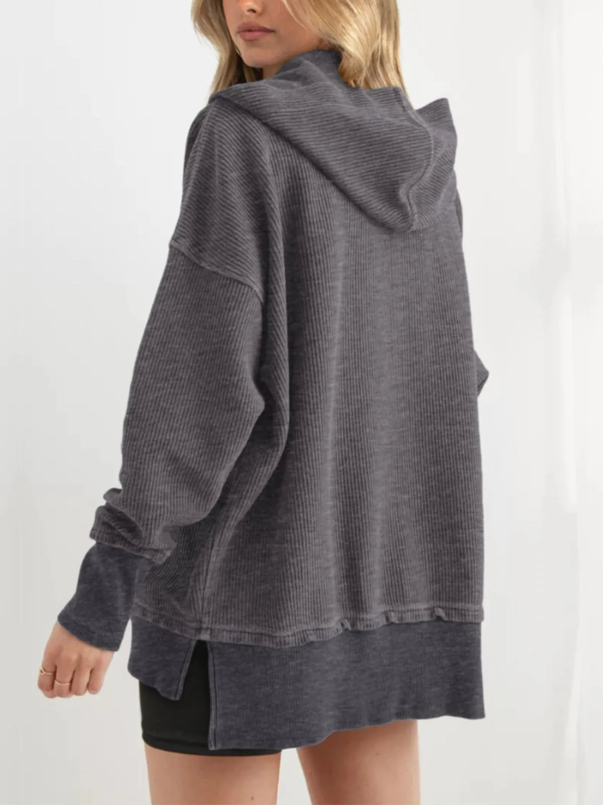 Solid Button V-neck Hooded Side Slit Casual Pullover Sweatshirt