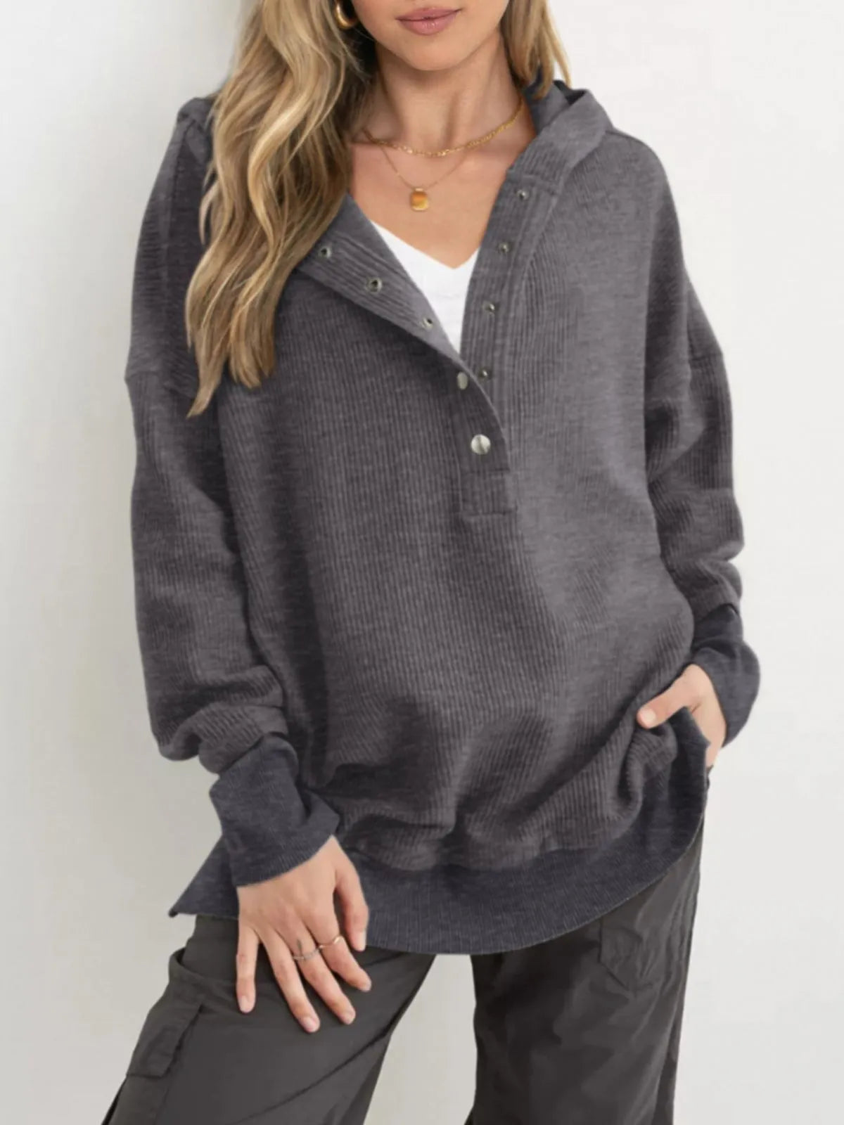 Solid Button V-neck Hooded Side Slit Casual Pullover Sweatshirt
