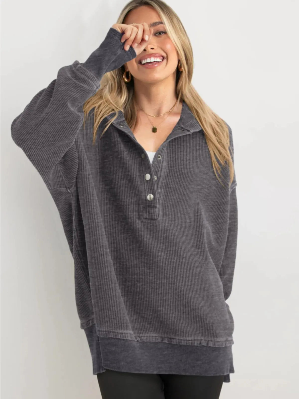 Solid Button V-neck Hooded Side Slit Casual Pullover Sweatshirt