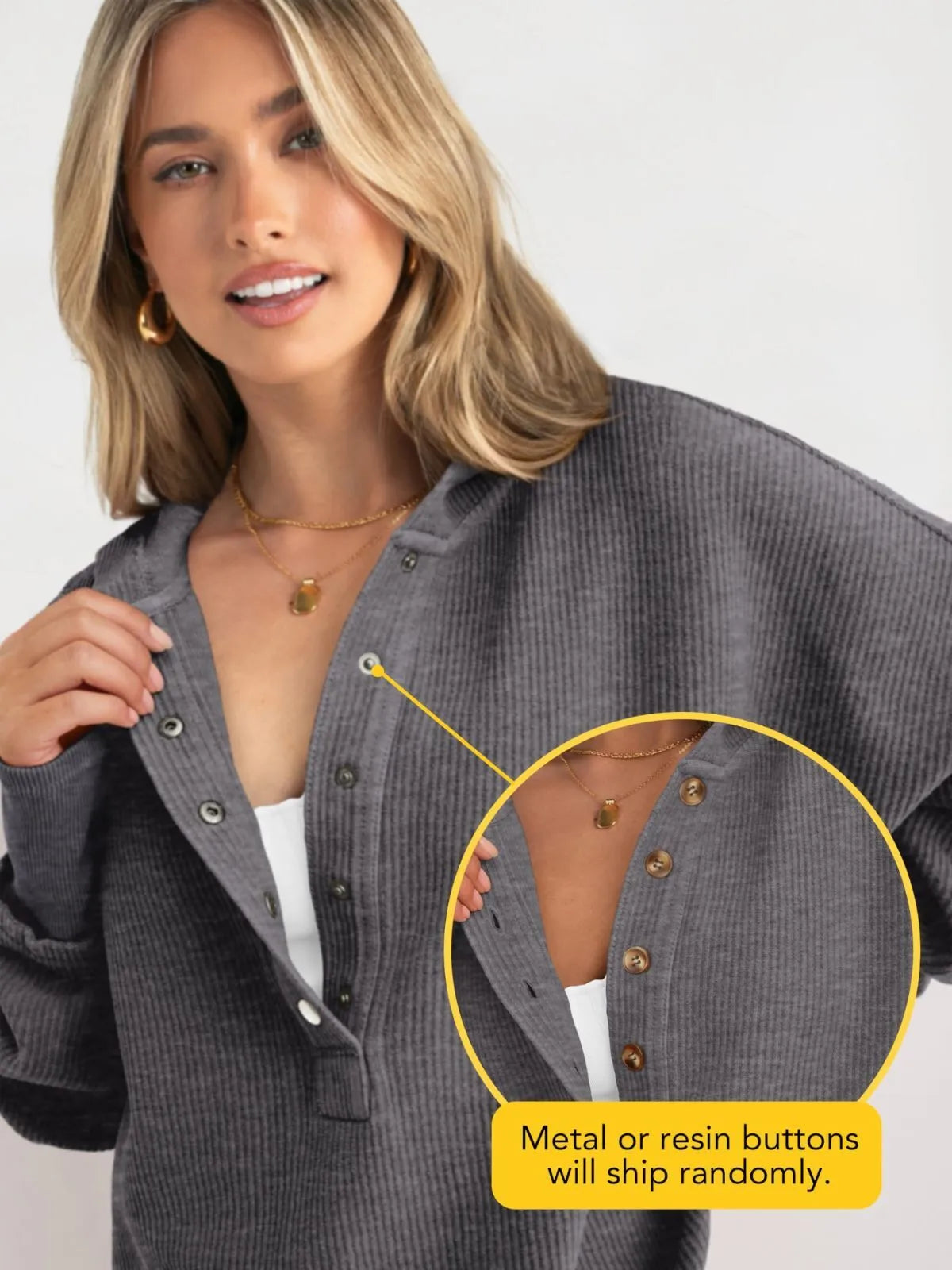 Solid Button V-neck Hooded Side Slit Casual Pullover Sweatshirt