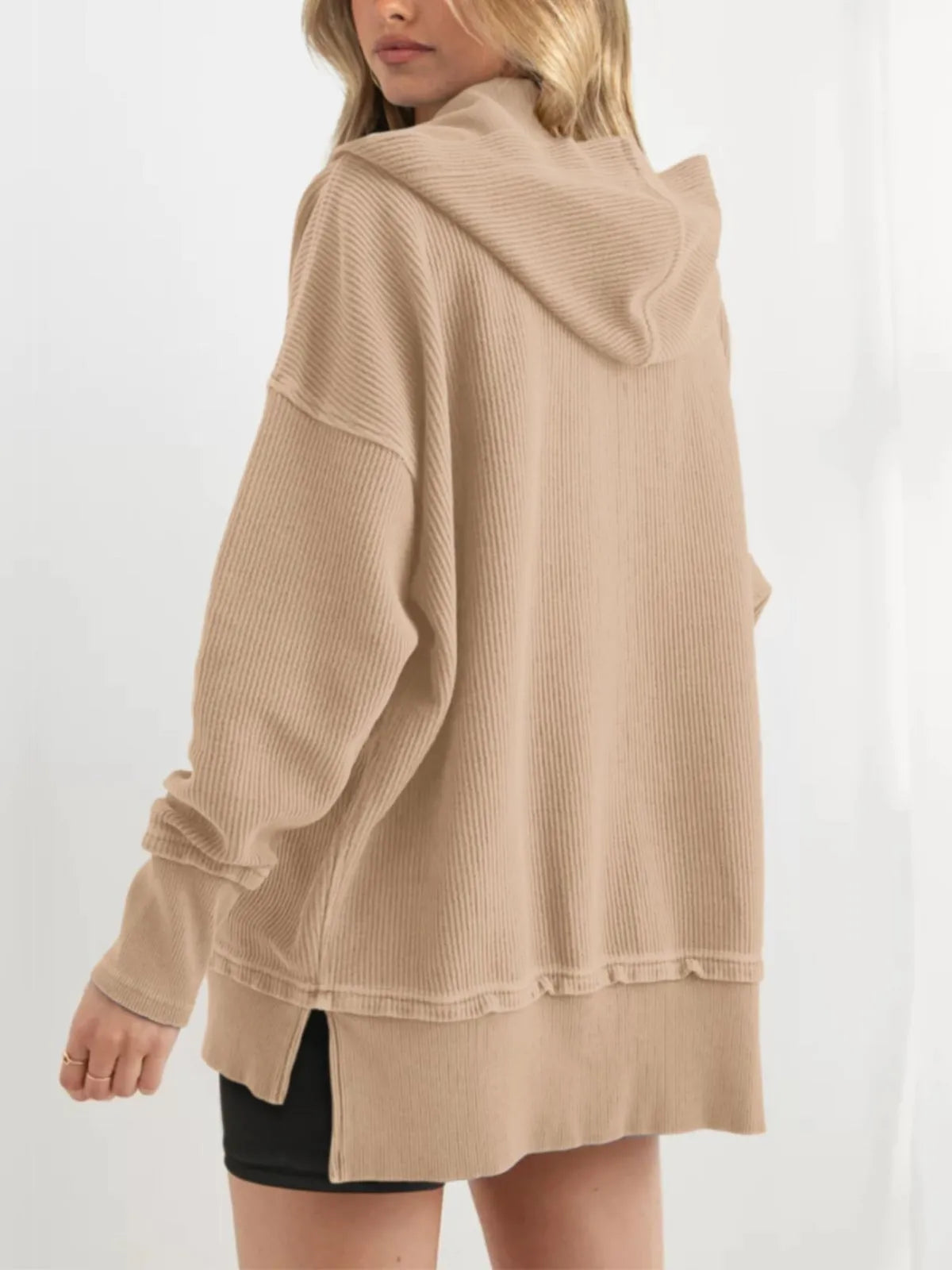 Solid Button V-neck Hooded Side Slit Casual Pullover Sweatshirt