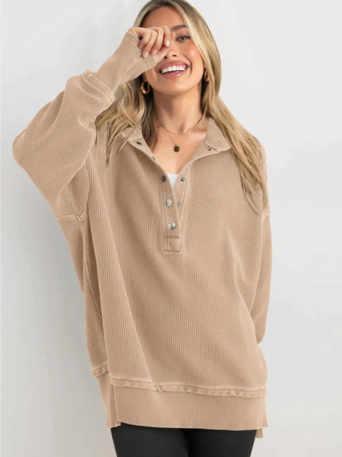 Solid Button V-neck Hooded Side Slit Casual Pullover Sweatshirt