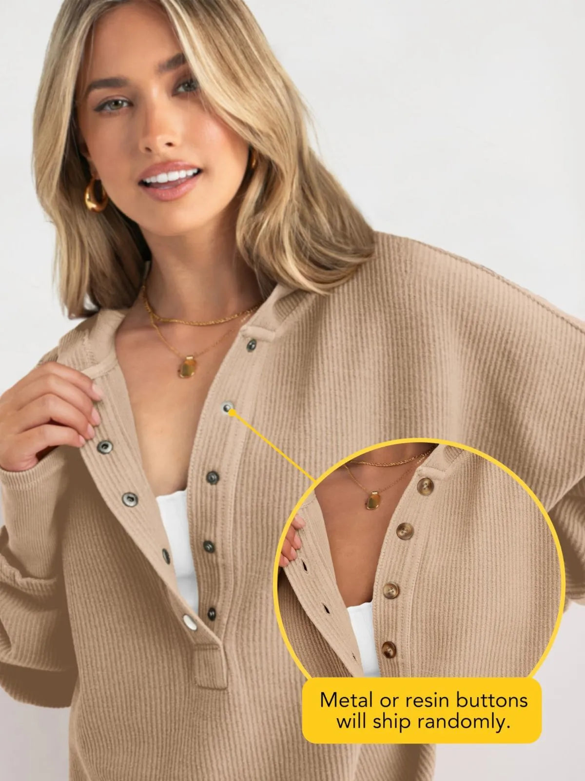 Solid Button V-neck Hooded Side Slit Casual Pullover Sweatshirt